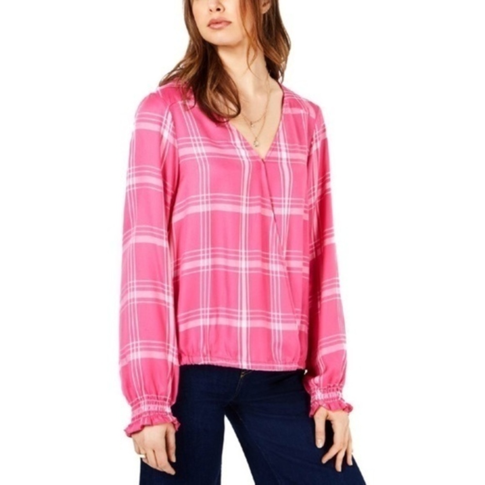 NWOT Sanctuary Women’s Cori Brushed Smocked Pink Plaid Long Sleeve Pullover Top‎